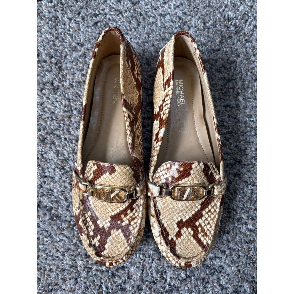 NWOT Michael Kors Grier Moc Snakeskin Leather Loafers Tan Brown 7.5